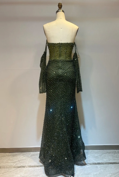 Off-the-shoulder Sheath Green Long Prom Dresses Beaded Tulle Green Long Evening Dresses HZ1024