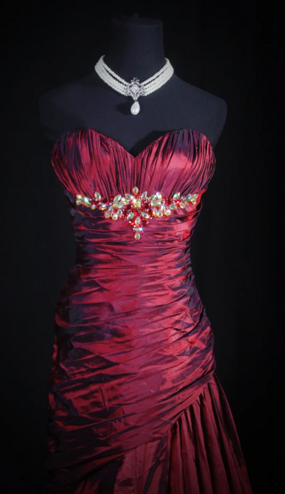 Sweetheart Neck A-Line Long Prom Dresses Taffeta Burgundy Formal Dresses Sleeveless Evening Gowns HZ1024