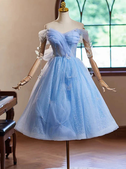 A-Line Sweetheart Neck Off Shoulder Blue Short Prom Dress with Beads ED048