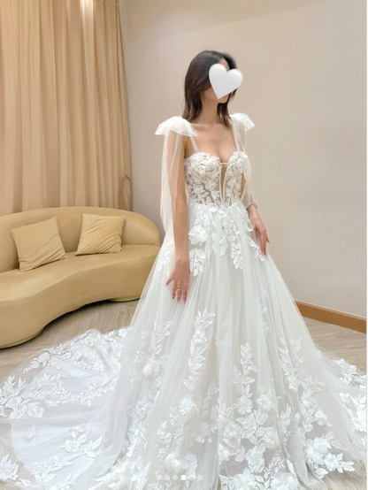 Off-the-shoulder A-Line Long Wedding Dresses Applique Tulle White Bridal Gowns HZ1024