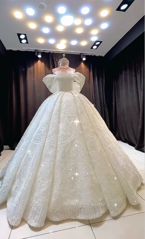 Off-the-shoulder Ball Gown Beaded Long Wedding Dresses Tulle White Bridal Gowns Short Sleeve Bridal Dresses HZ1024