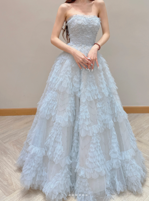 Strapless A-Line Long Prom Dresses Tulle Ice Blue Formal Dresses Birthday Dresses HZ1024