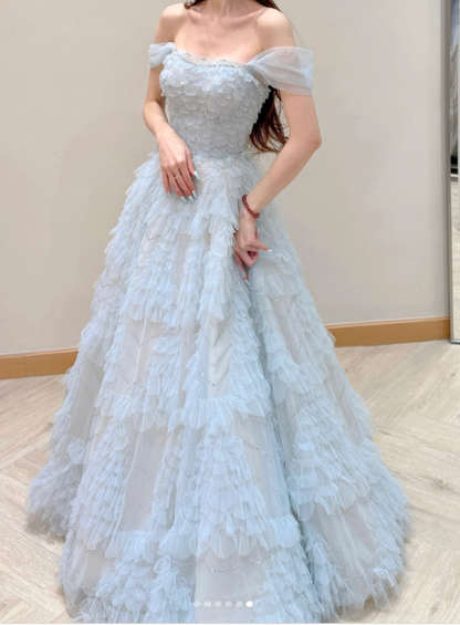 Elegant Strapless A-Line Long Prom Dresses Tulle Ice Blue Formal Dresses Birthday Dresses ED04908
