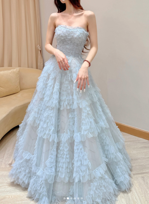 Elegant Strapless A-Line Long Prom Dresses Tulle Ice Blue Formal Dresses Birthday Dresses ED04908
