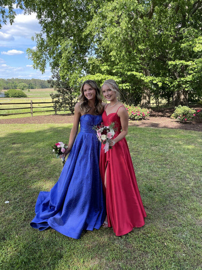 Elegant Strapless A-line Blue Long Prom Dresses Shimmering Satin Blue Long Birthday Dresses ED04915