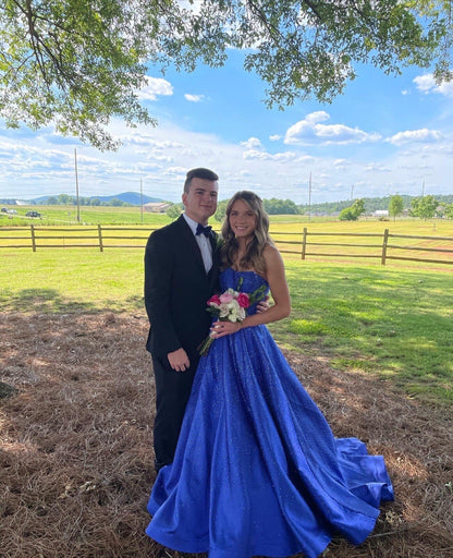 Elegant Strapless A-line Blue Long Prom Dresses Shimmering Satin Blue Long Birthday Dresses ED04915