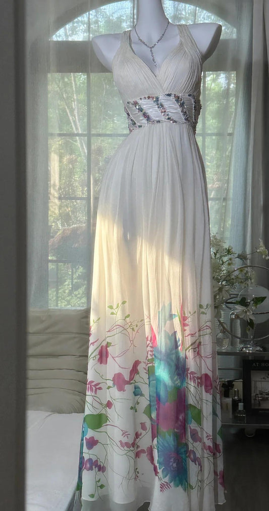V-neck Sheath White Evening Dresses Printed Chiffon White Party Dresses with Open Back HZ1024