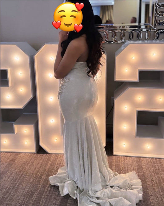 Sexy V-neck Mermaid Light Grey Long Prom Dresses Rhinestone Light Grey Evening Dresses ED04918