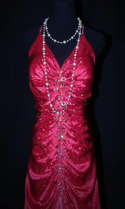Fairy V-neck Sheath Hot Pink Long Prom Dresses Beaded Satin Hot Pink Evening Dresses EP04929