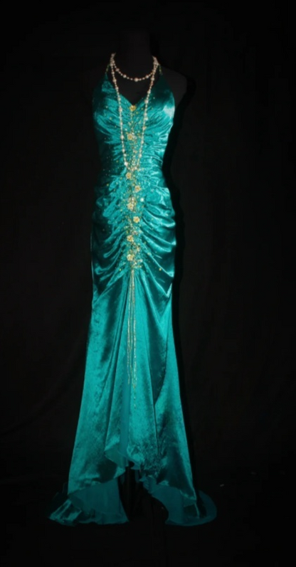 V-neck Sheath Turquoise Long Prom Dresses Beaded Satin Turquoise Evening Dresses HZ1024