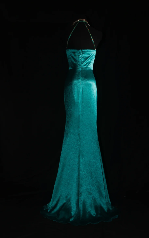 Fairy V-neck Sheath Turquoise Long Prom Dresses Beaded Satin Turquoise Evening Dresses ED04929