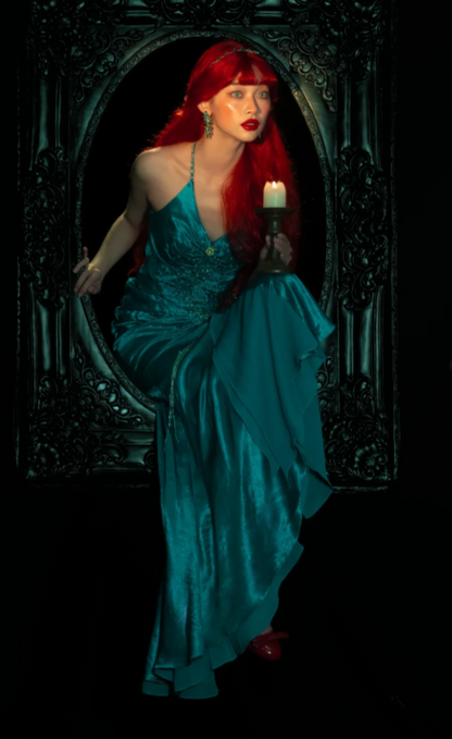 V-neck Sheath Turquoise Long Prom Dresses Beaded Satin Turquoise Evening Dresses HZ1024