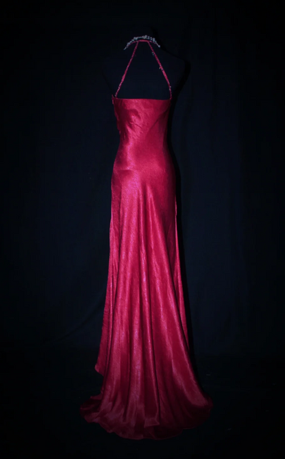 Fairy V-neck Sheath Hot Pink Long Prom Dresses Beaded Satin Hot Pink Evening Dresses EP04929