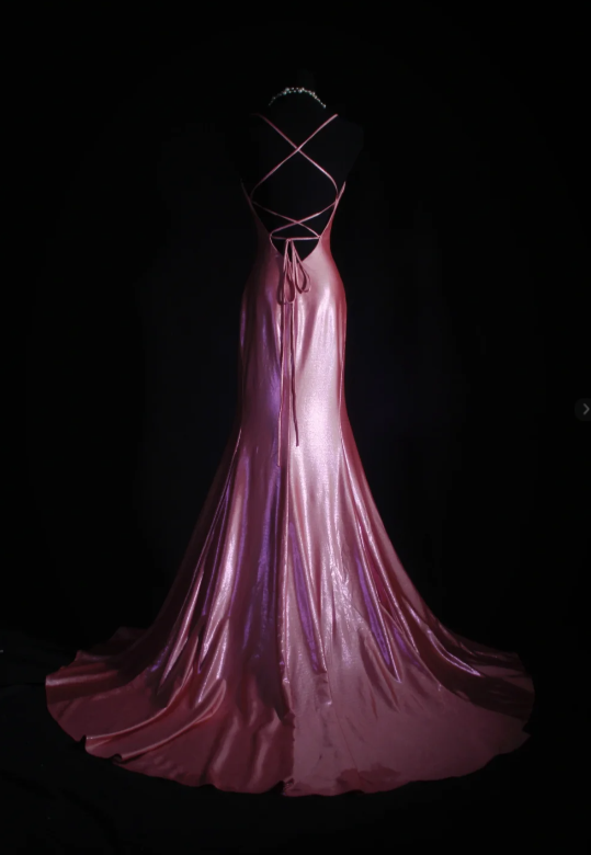 Spaghetti Strap Sheath Pink Long Prom Dresses Silk Pleated Pink Evening Dresses HZ1024