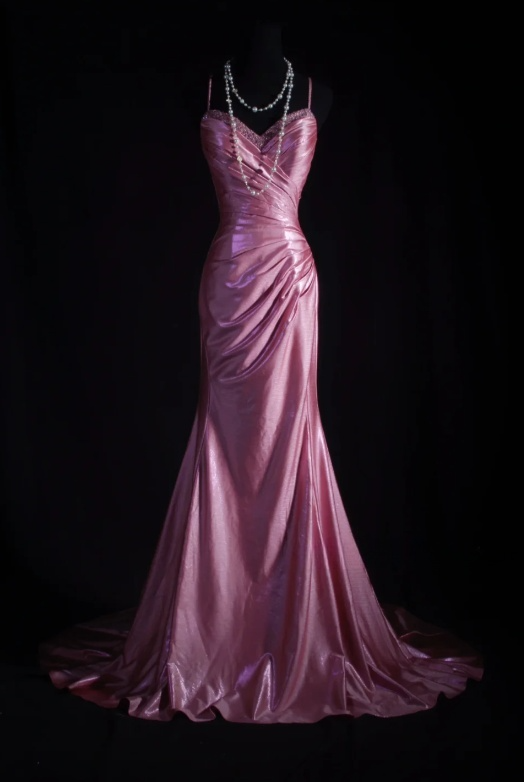 Spaghetti Strap Sheath Pink Long Prom Dresses Silk Pleated Pink Evening Dresses HZ1024
