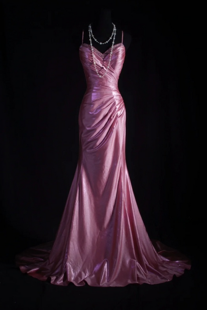 Spaghetti Strap Sheath Pink Long Prom Dresses Silk Pleated Pink Evening Dresses HZ1024