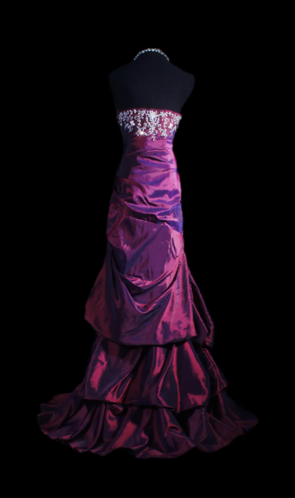 Strapless Sheath Purple Long Prom Dresses Taffeta Rhinestone Applique Purple Evening Dresses Sweet 16 Dresses HZ1024
