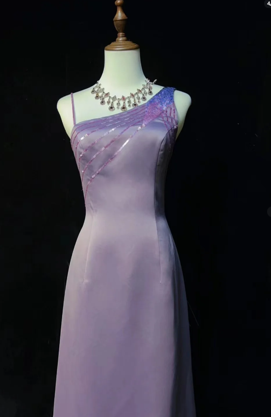 Asymmetric Neck Sheath Lavender Long Prom Dresses Satin Lavender Evening Dresses HZ1024