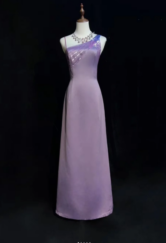 Asymmetric Neck Sheath Lavender Long Prom Dresses Satin Lavender Evening Dresses HZ1024
