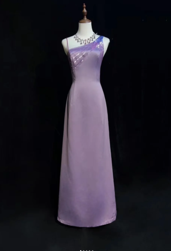 Vintage Asymmetric Neck Sheath Lavender Long Prom Dresses Satin Lavender Evening Dresses ED04932