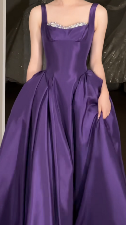 Strap Ball Gown Purple Long Prom Dresses Satin Purple Long Birthday Dresses HZ1024