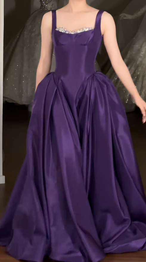 Strap Ball Gown Purple Long Prom Dresses Satin Purple Long Birthday Dresses HZ1024