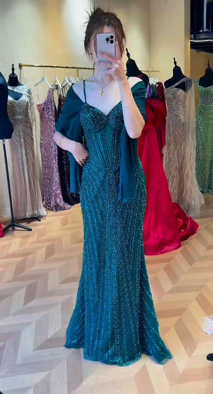 Spaghetti Strap Mermaid Teal Long Prom Dresses Tulle Beaded Teal Wedding Guest Dresses HZ1024