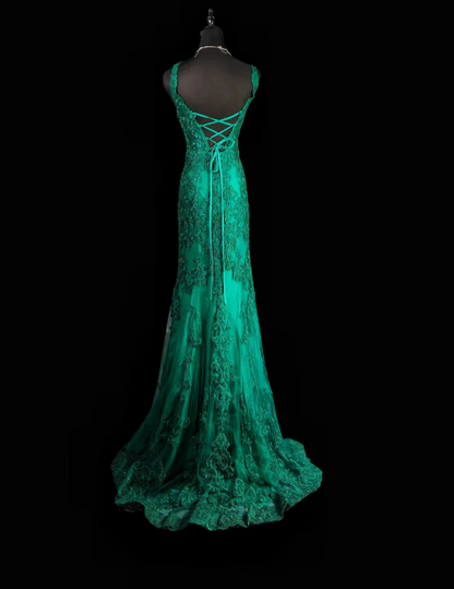 V-neck Mermaid Green Long Prom Dresses Beaded Applique Tulle Green Evening Dresses HZ1024