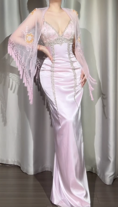 Spaghetti Strap Sheath Pink Long Prom Dresses Beaded Satin Pink Evening Dresses HZ1024