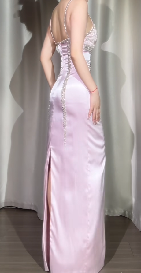 Spaghetti Strap Sheath Pink Long Prom Dresses Beaded Satin Pink Evening Dresses HZ1024