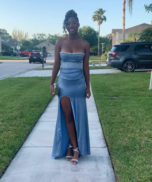 Strapless Sheath Blue Long Prom Dresses Glitter Chiffon Blue Evening Dresses with Slit HZ1024