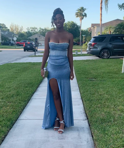 Strapless Sheath Blue Long Prom Dresses Glitter Chiffon Blue Evening Dresses with Slit HZ1024