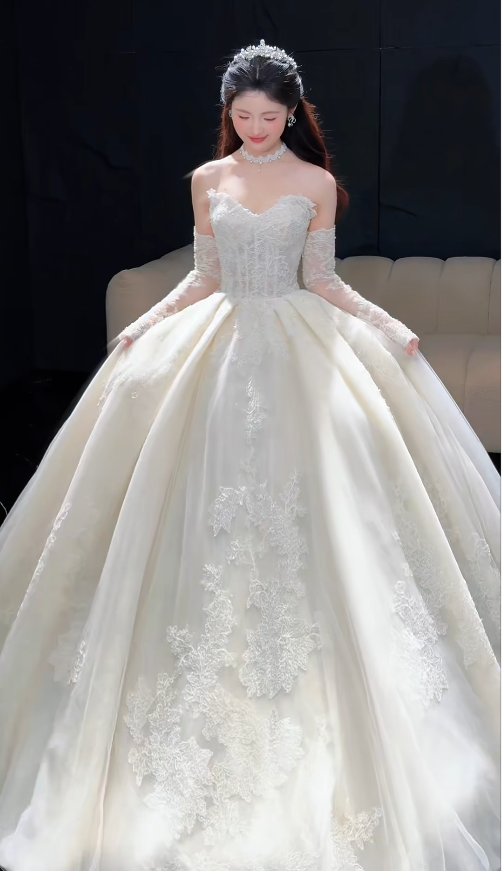 Sweetheart Neck Ball Gown Long Wedding Dresses Tulle Applique White Bridal Gowns Long Sleeves Backless Bridal Dresses HZ1024