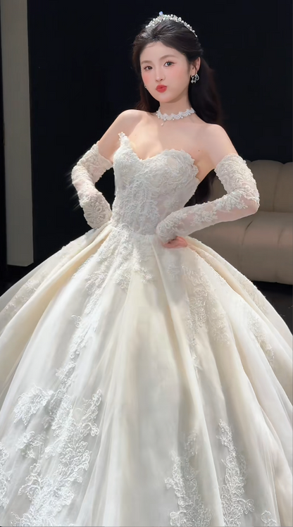 Sweetheart Neck Ball Gown Long Wedding Dresses Tulle Applique White Bridal Gowns Long Sleeves Backless Bridal Dresses HZ1024