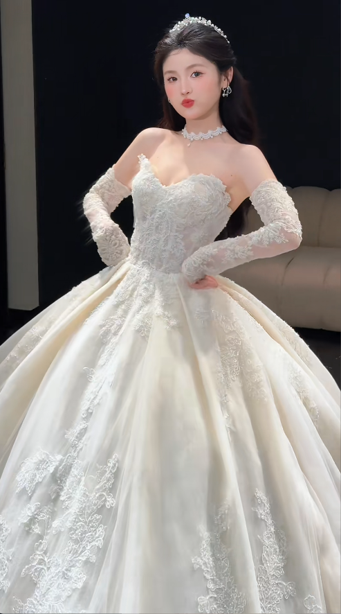 Sweetheart Neck Ball Gown Long Wedding Dresses Tulle Applique White Bridal Gowns Long Sleeves Backless Bridal Dresses HZ1024