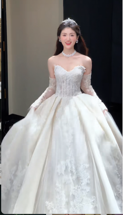 Sweetheart Neck Ball Gown Long Wedding Dresses Tulle Applique White Bridal Gowns Long Sleeves Backless Bridal Dresses HZ1024