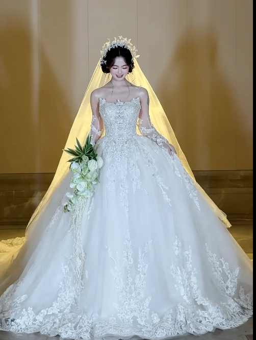 Strapless Ball Gown Long Wedding Dresses Tulle Applique White Bridal Gowns Sleeveless Bridal Dresses HZ1024