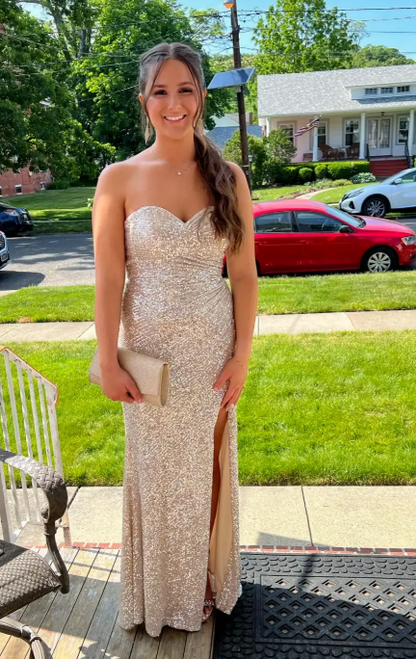 Sweetheart Neck Sheath Long Prom Dresses Sequin Champagne Evening Dresses with Slit HZ1024
