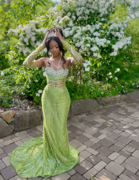 Sweetheart Neck Sheath Long Prom Dresses Tulle Sequins Green Evening Dresses HZ1024