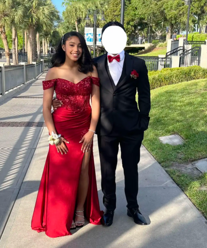 Elegant Off-Shoulder Sheath Long Prom Dresses Applique Satin Red Evening Dress with Slit  ED04986