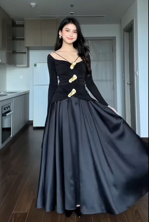 Glam V-neck Two-Piece Long Prom Dress Satin Black Guest Dress ED04990