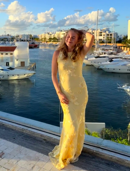 Spaghetti Strap Sheath Long Prom Dresses Tulle Applique Yellow Wedding Guest Dresses HZ1024
