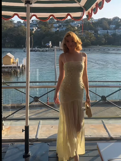 Chic Spaghetti Strap Sheath Long Prom Dresses Chiffon Yellow Birthday Dresses ED04994