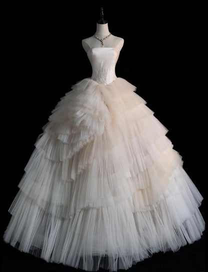 Strapless Ball Gown Long Wedding Dress Sleeveless Bridal Gown Tulle Bride Dress HZ1024