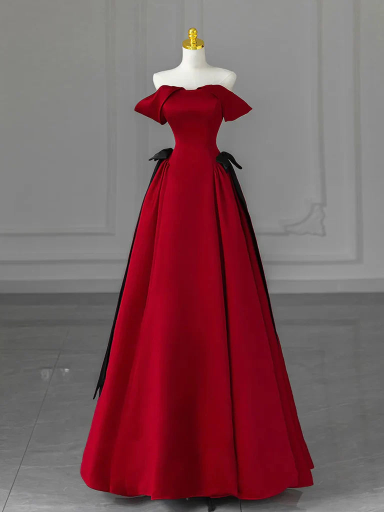 A-Line Off Shoulder Satin Burgundy Long Prom Dress, Burgundy Long Formal Dress ED049
