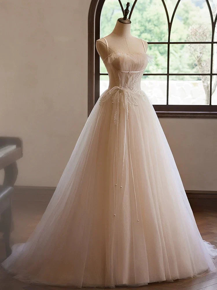 Sweetheart Neck Tulle Champagne Long Prom Dress With Lace HZ1024