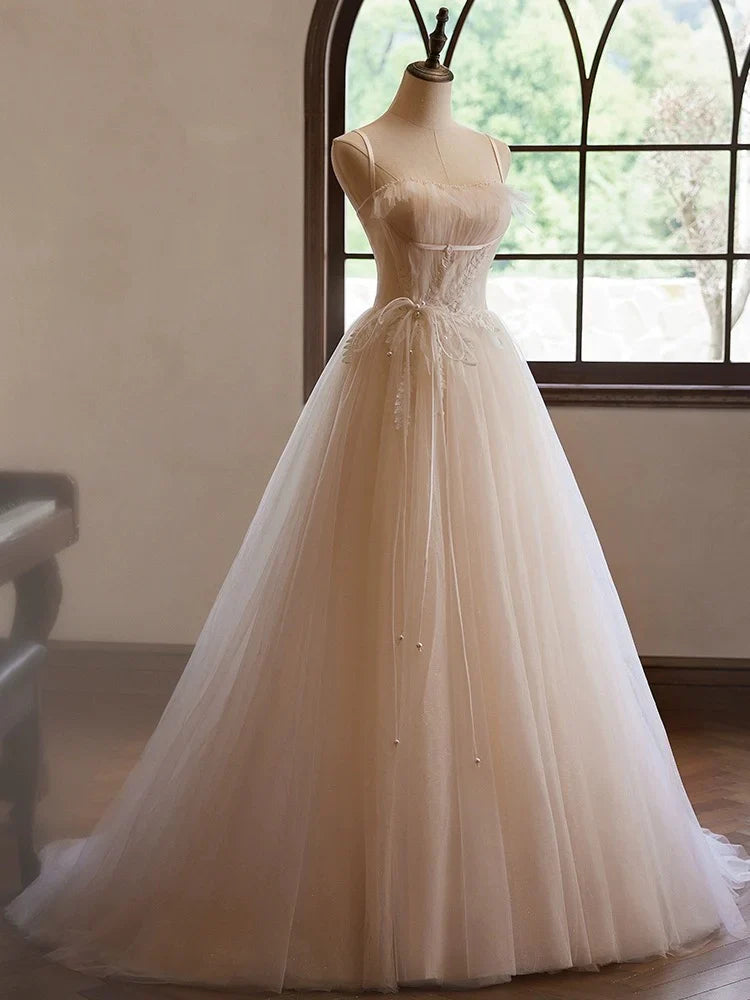 A-Line Sweetheart Neck Tulle Champagne Long Prom Dress With Lace  ED050