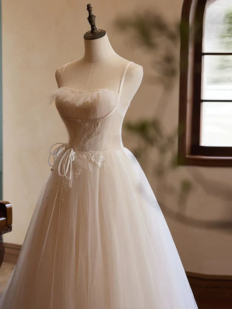 Sweetheart Neck Tulle Champagne Long Prom Dress With Lace HZ1024