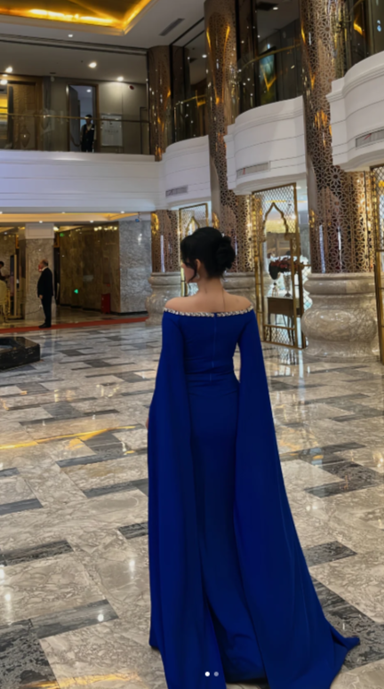 Off-shoulder Sheath Long Prom Dresses Chiffon Royal Blue Wedding Guest Dresses HZ1024