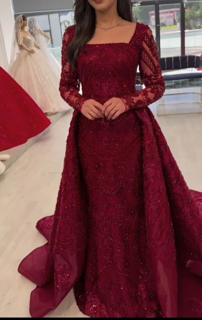Square Neck Sheath Long Prom Dress Tulle Beaded Burgundy Evening Dress HZ1024